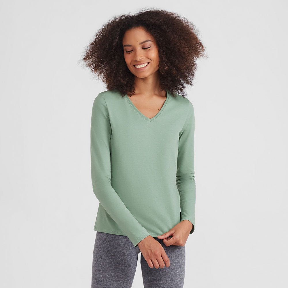 Camiseta Babylook Algodão Premium Manga Longa Gola V Feminina - Verde Jade