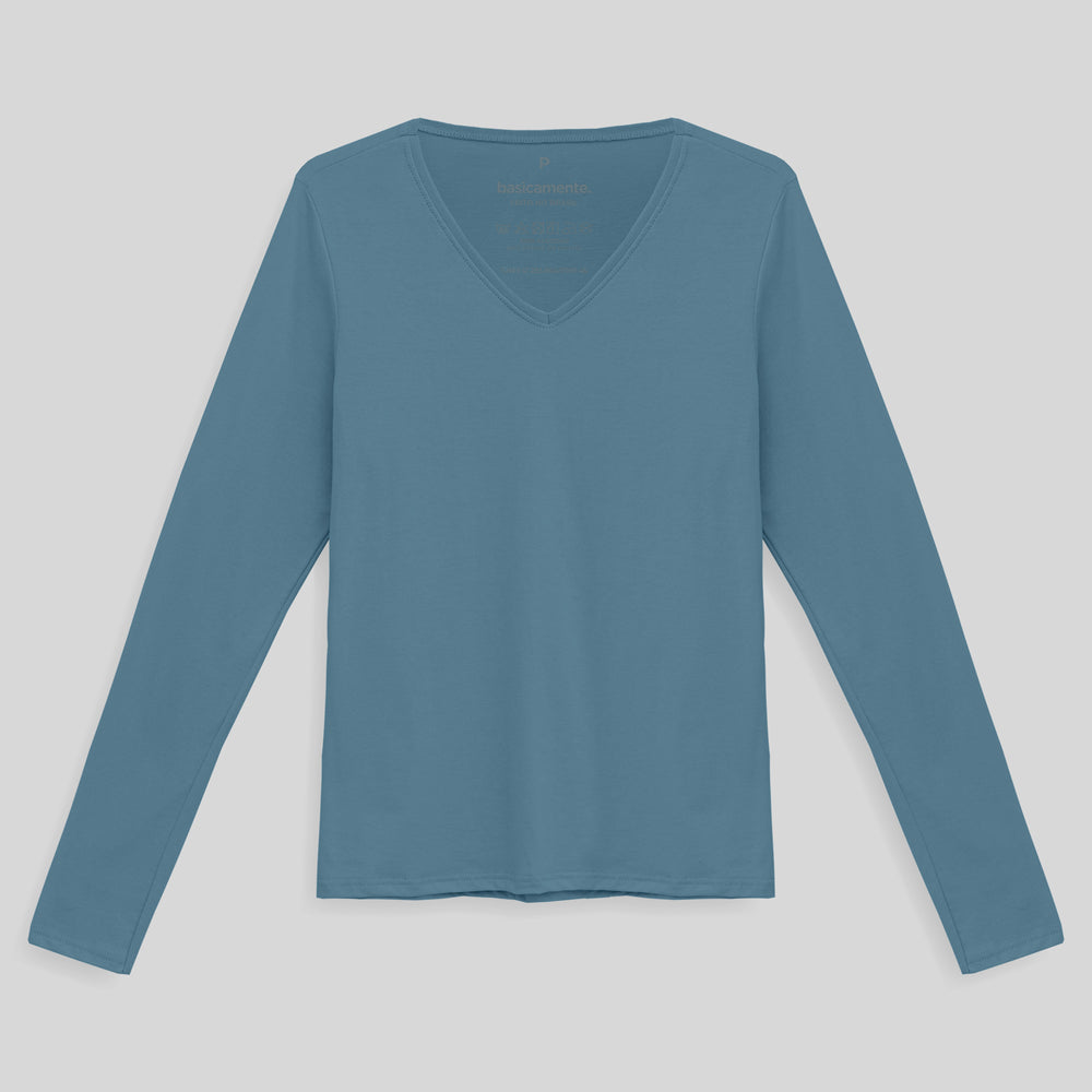 Camiseta Babylook Algodão Premium Manga Longa Gola V Feminina - Azul Celeste
