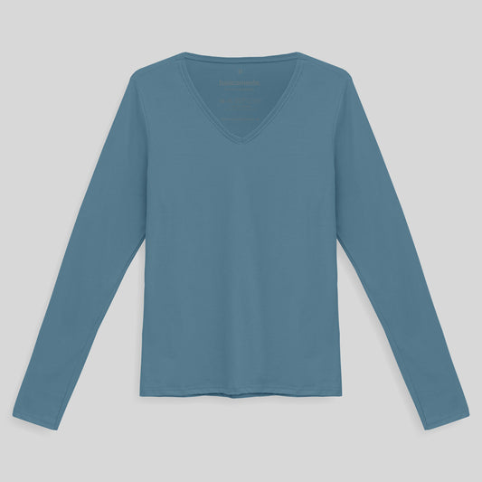Camiseta Babylook Algodão Premium Manga Longa Gola V Feminina - Azul Celeste