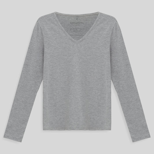 Camiseta Babylook Algodão Premium Manga Longa Gola V Feminina - Mescla Claro