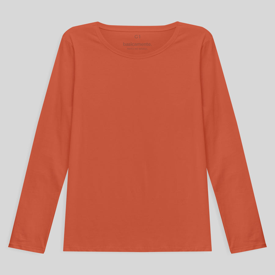 Camiseta Babylook Algodão Premium Manga Longa Plus Size Feminina - Laranja Coral