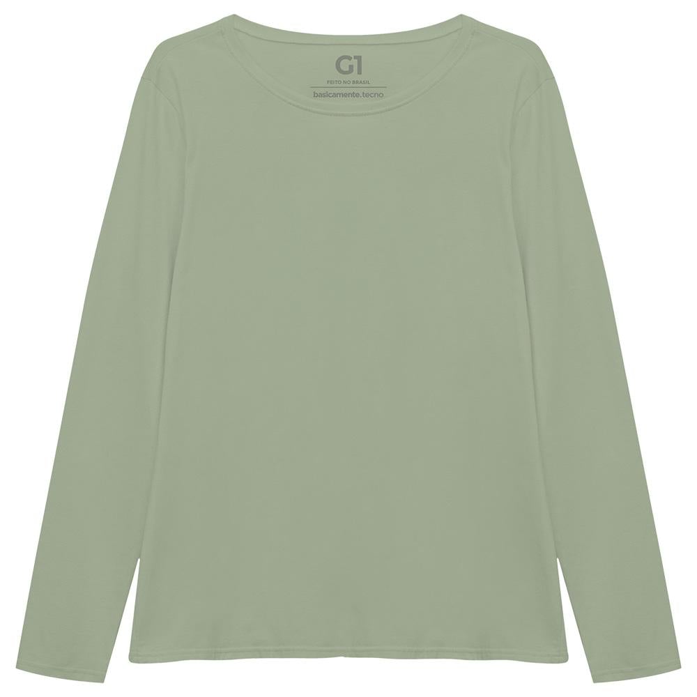 Camiseta Babylook Algodão Premium Manga Longa Gola C Plus Feminina - Verde Oliva