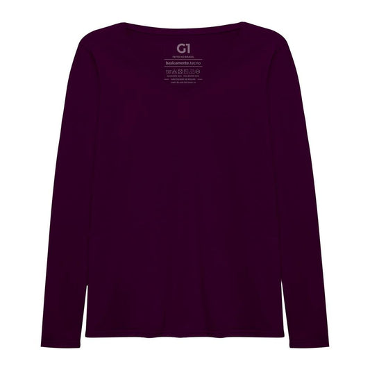 Camiseta Slim Gola V Manga Longa Plus Feminina - Wine