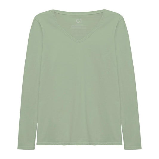 Camiseta Slim Gola V Manga Longa Plus Feminina - Verde Oliva