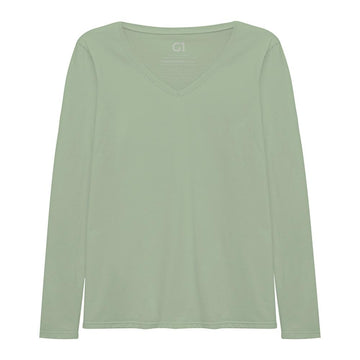 Camiseta Babylook Algodão Premium Gola V Manga Longa Plus Size - Verde Oliva
