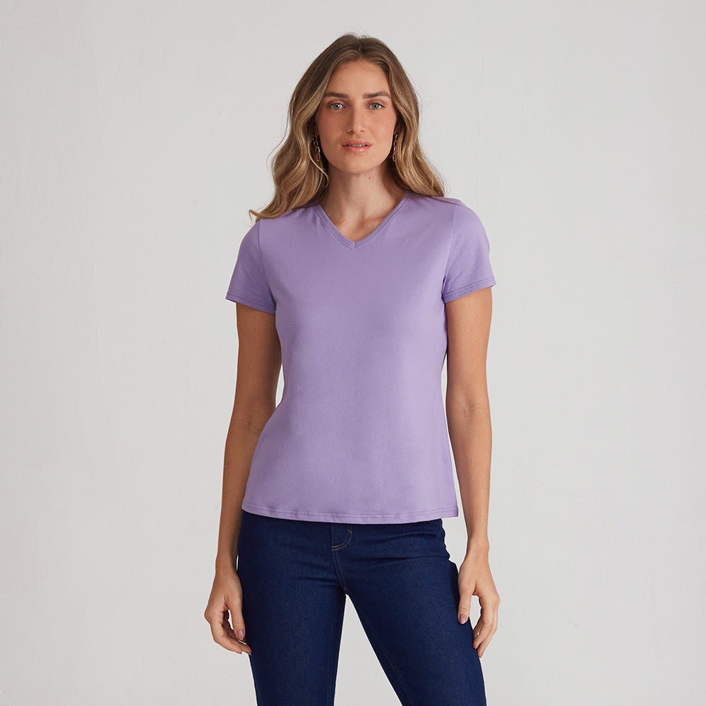 Camiseta Básica Gola V Feminina - Lilás