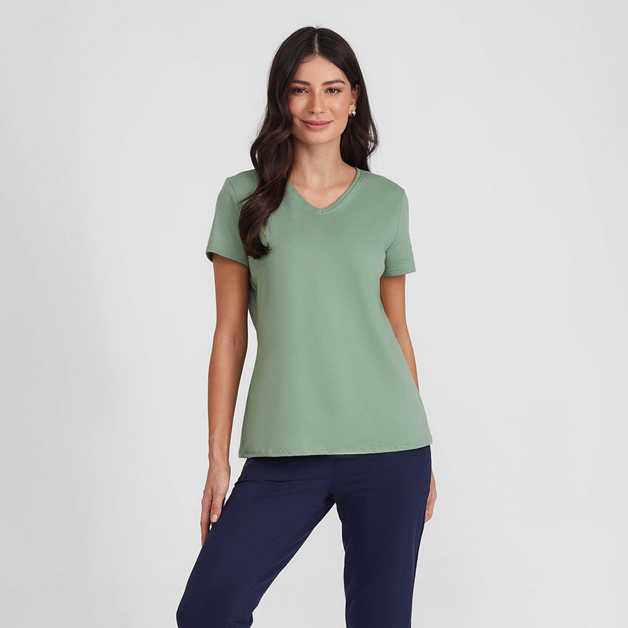 Camiseta Algodão Premium Gola V Feminina - Verde Jade