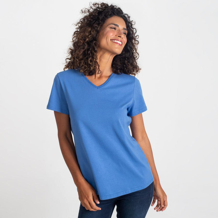 Camiseta Básica Gola V Feminina - Azul Oceano