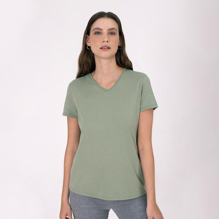 Camiseta Básica Gola V Feminina - Verde Oliva