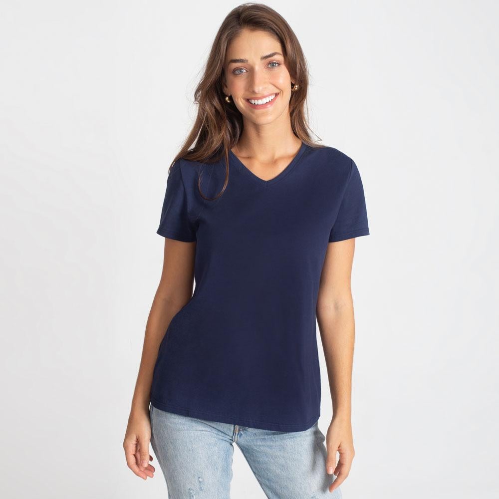 Camiseta Básica Gola V Feminina - Azul Marinho