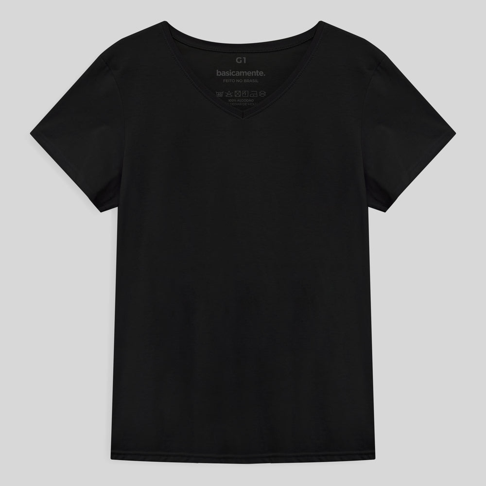 Camiseta Básica Gola V Plus Feminina - Preto
