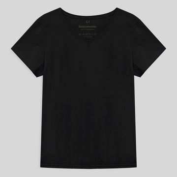 Camiseta Algodão Premium Gola V Plus Size Feminina - Preto