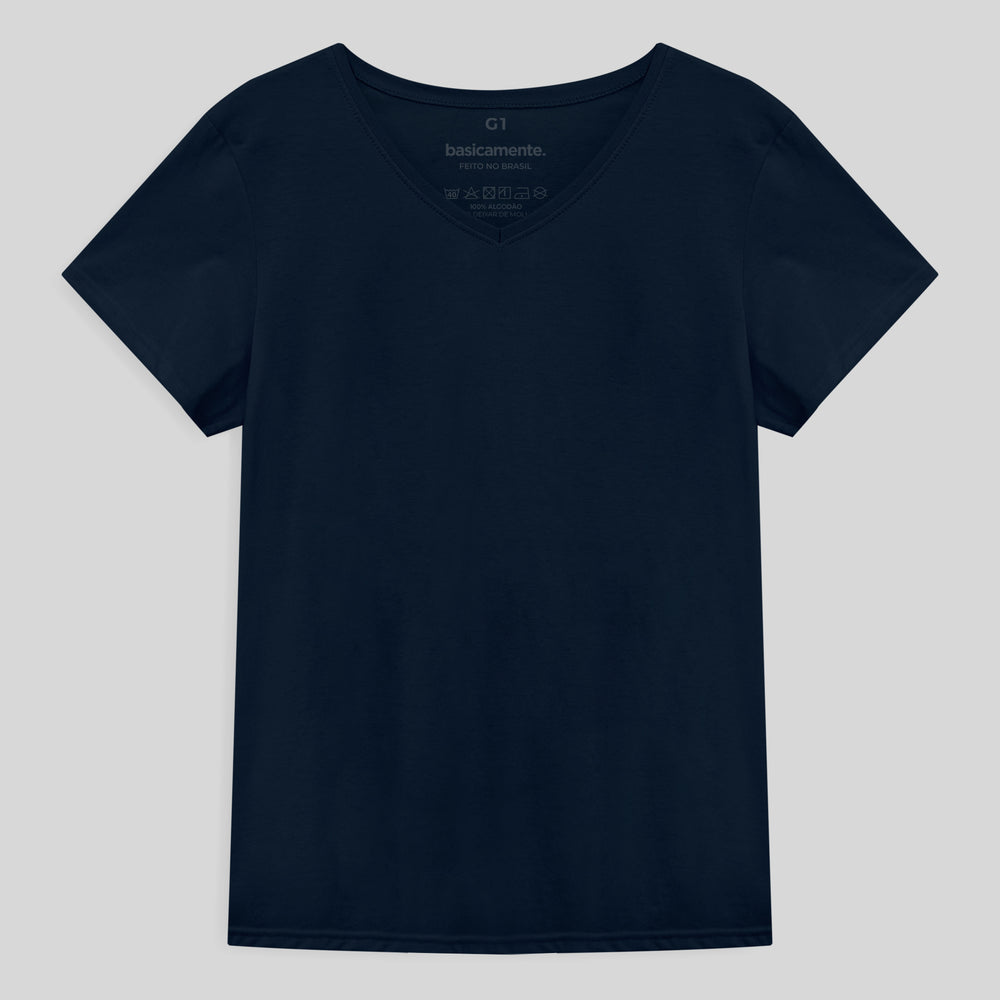 Camiseta Básica Gola V Plus Feminina - Azul Marinho