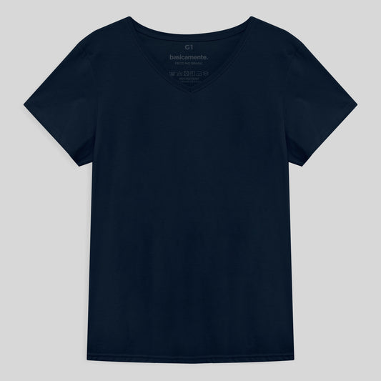Camiseta Básica Gola V Plus Feminina - Azul Marinho