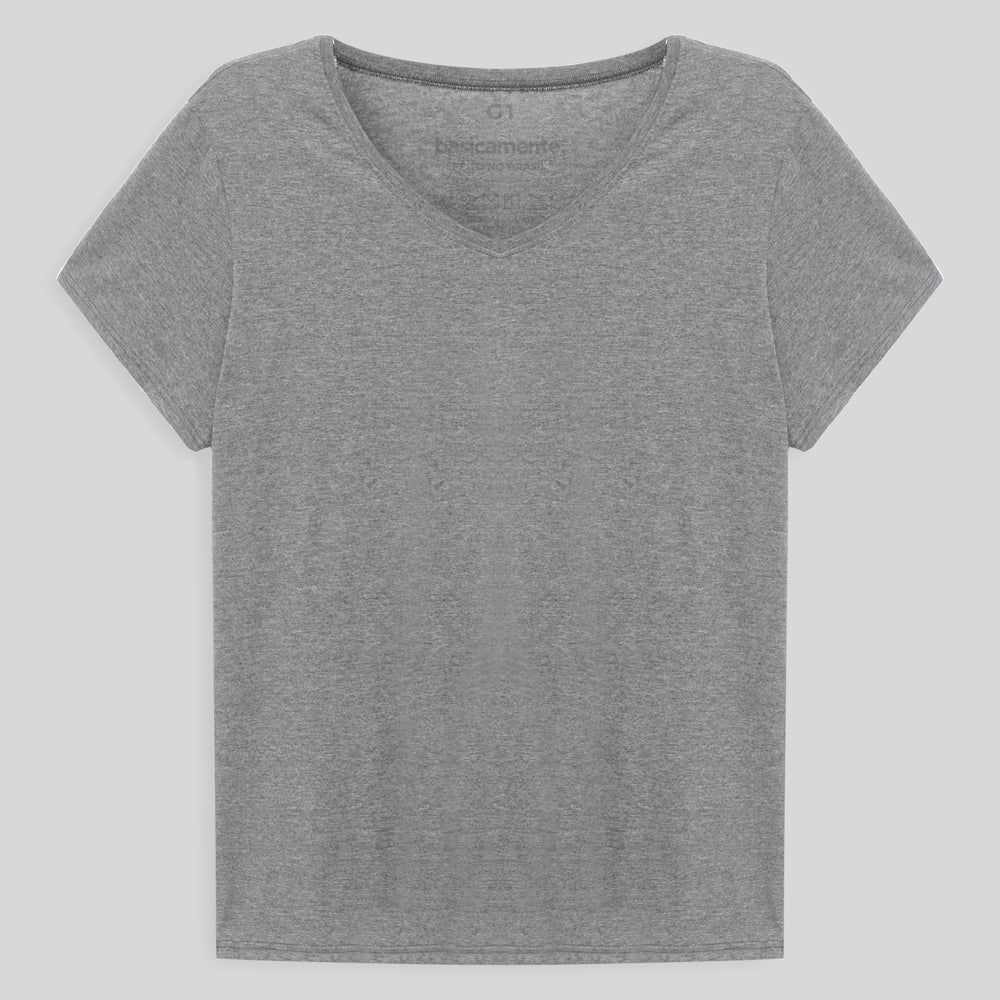 Camiseta Básica Gola V Plus Feminina - Mescla Claro