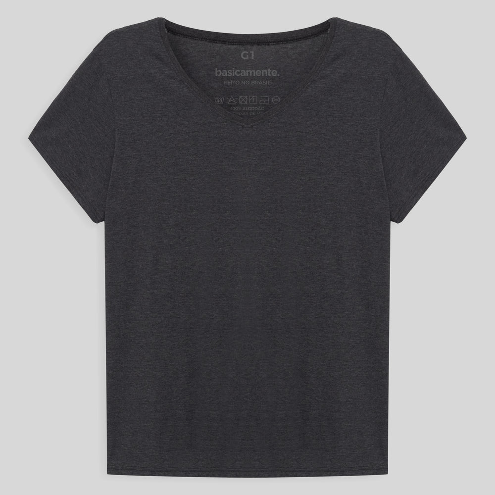 Camiseta Básica Gola V Plus Feminina - Mescla Escuro