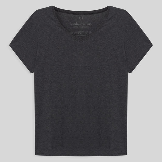 Camiseta Básica Gola V Plus Feminina - Mescla Escuro