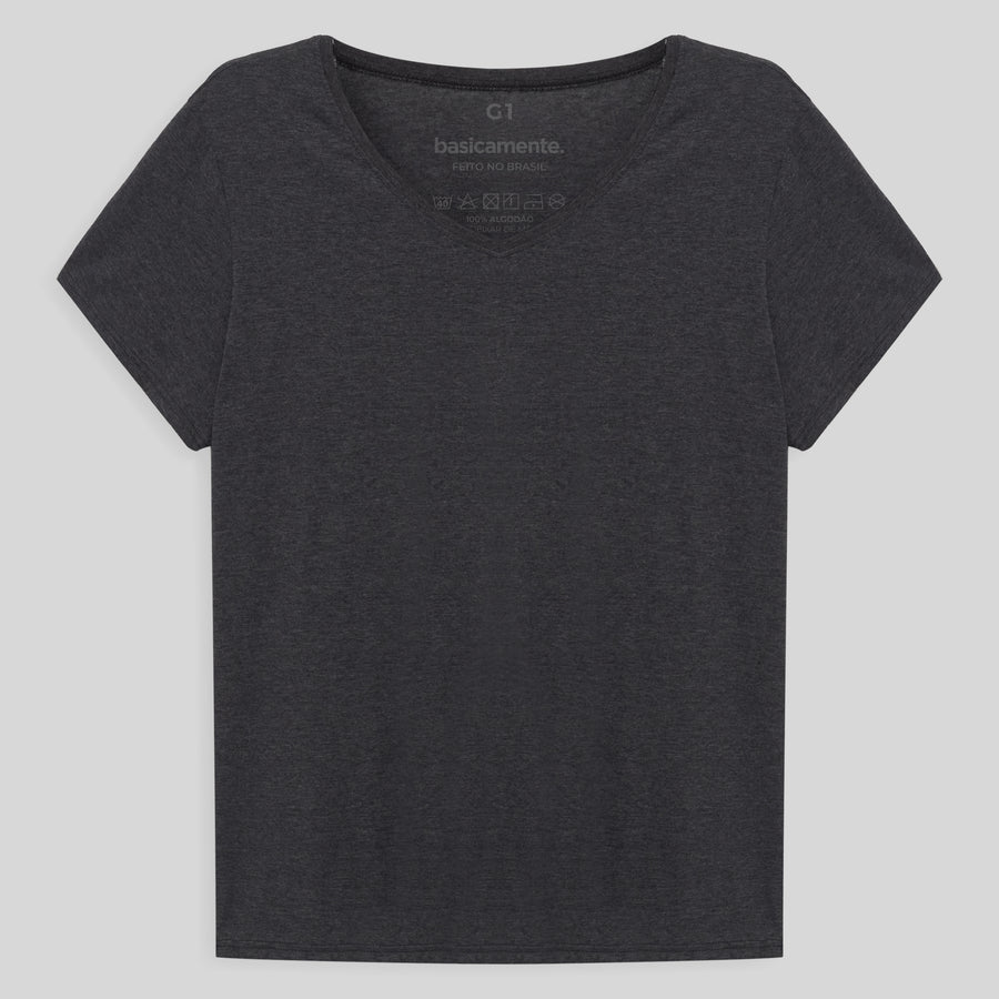 Camiseta Básica Gola V Plus Size Feminina - Mescla Escuro