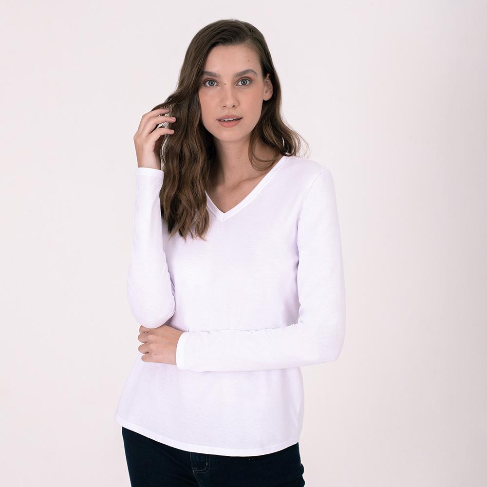 Camiseta Básica Manga Longa Gola V Feminina - Branco