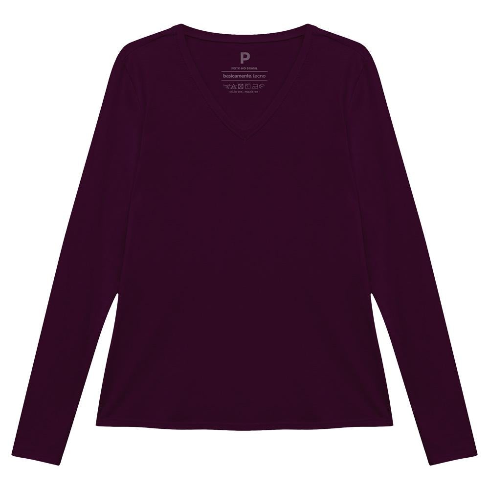 Camiseta Básica Manga Longa Gola V Feminina - Wine