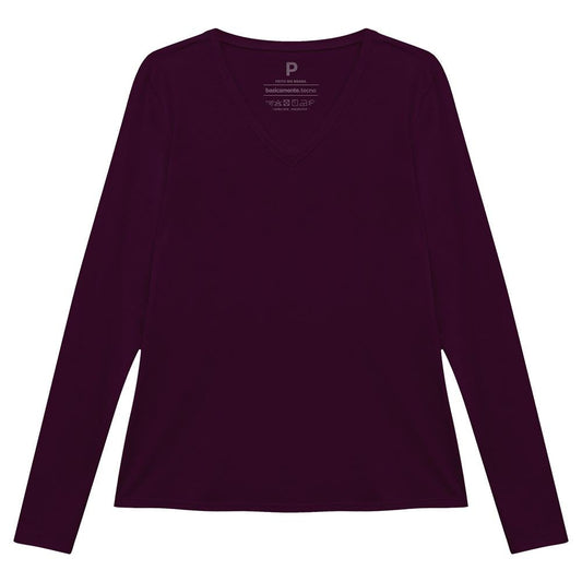 Camiseta Básica Manga Longa Gola V Feminina - Wine