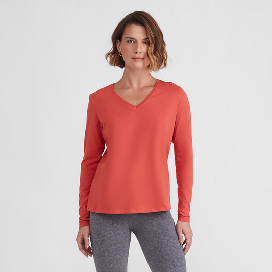 Camiseta Básica Manga Longa Gola V Feminina - Laranja Coral