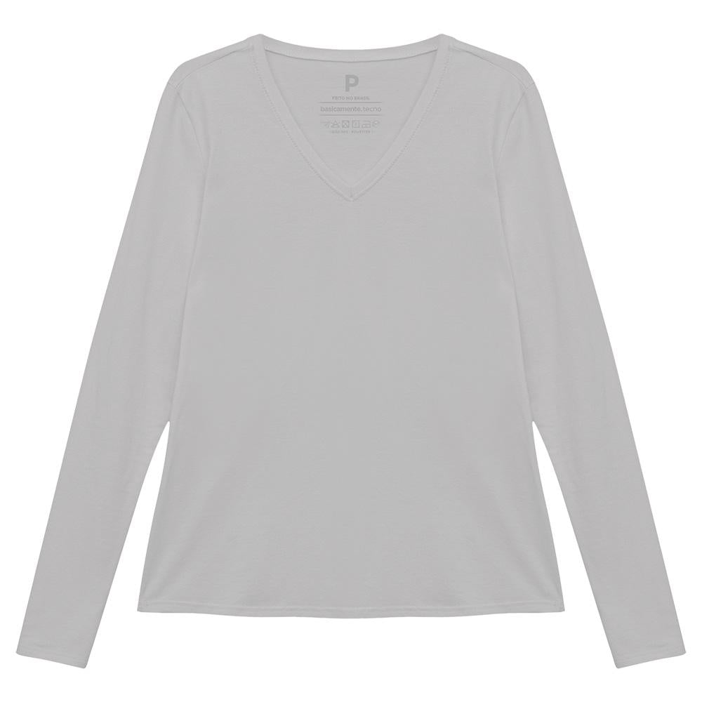 Camiseta Básica Manga Longa Gola V Feminina - Cinza Areia