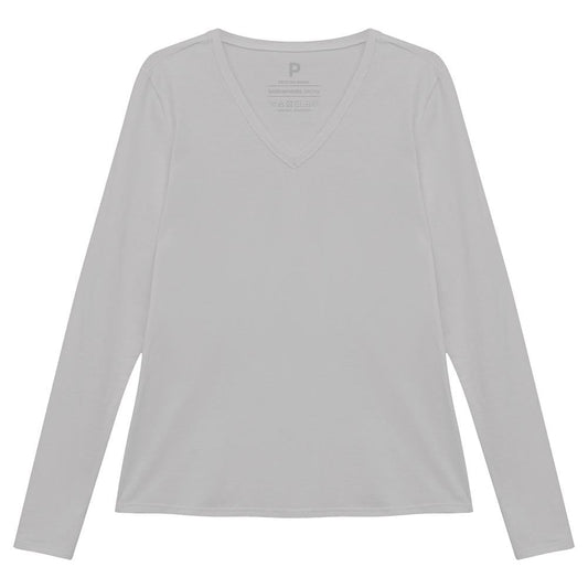Camiseta Básica Manga Longa Gola V Feminina - Cinza Areia