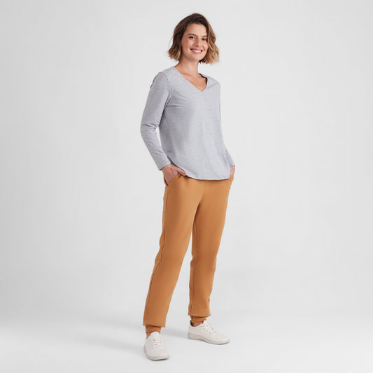Camiseta Básica Manga Longa Gola V Feminina - Mescla Claro