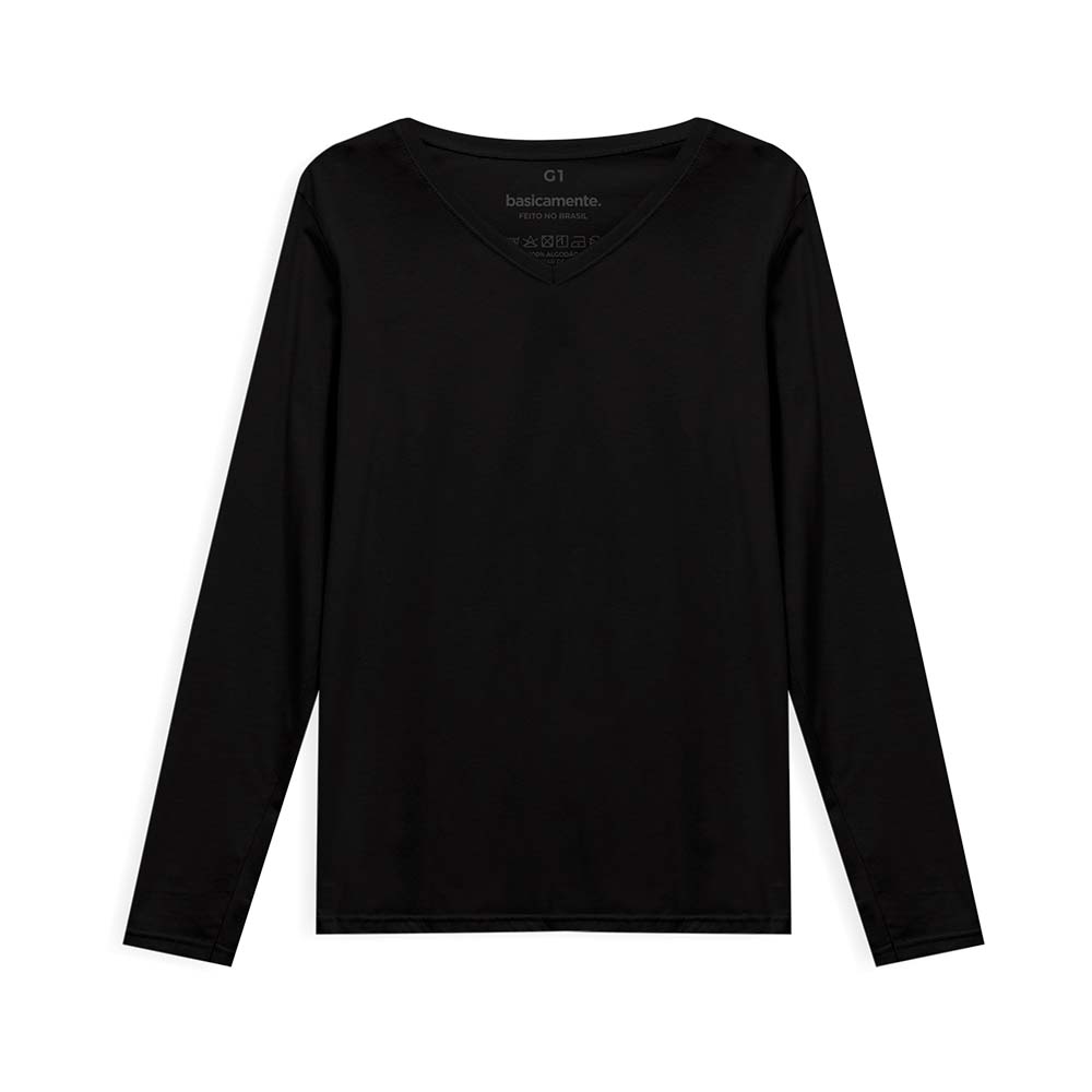 Camiseta Babylook Algodão Premium Manga Longa Gola V Plus Feminina - Preto