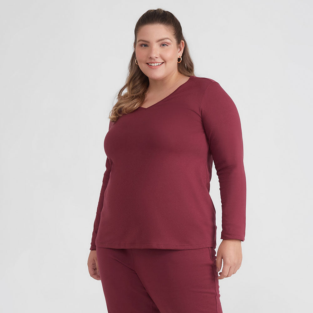 Camiseta Babylook Algodão Premium Manga Longa Gola V Plus Size Feminina - Wine