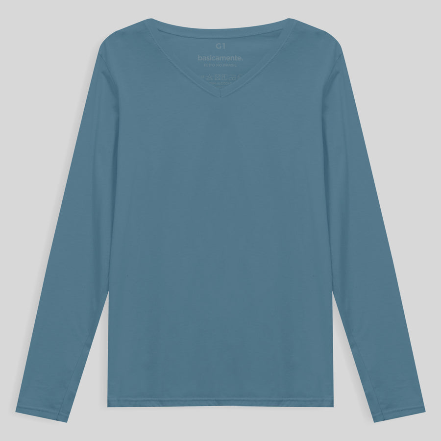 Camiseta Babylook Algodão Premium Manga Longa Gola V Plus Size Feminina - Azul Celeste