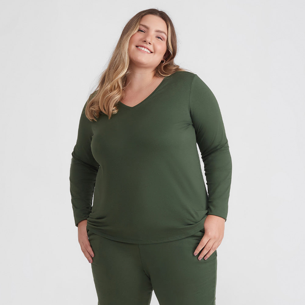 Camiseta Babylook Algodão Premium Manga Longa Gola V Plus Size Feminina - Verde Selva