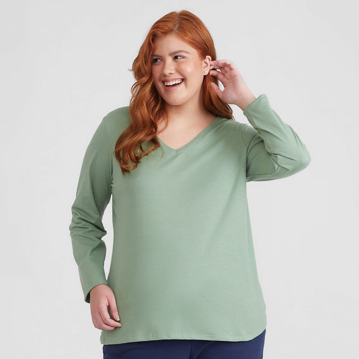Camiseta Babylook Algodão Premium Manga Longa Gola V Plus Size Feminina - Verde Oliva