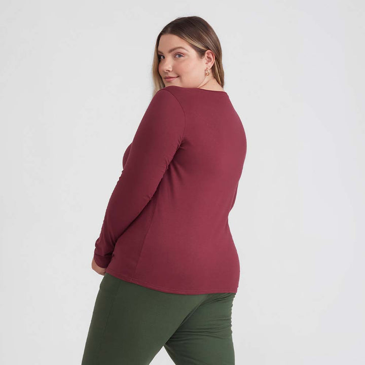 Camiseta Básica Manga Longa Plus Size Feminina - Vermelho Vinho