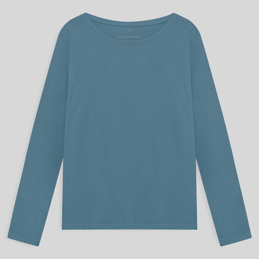 Camiseta Algodão Premium Manga Longa Plus Size Feminina - Azul Celeste