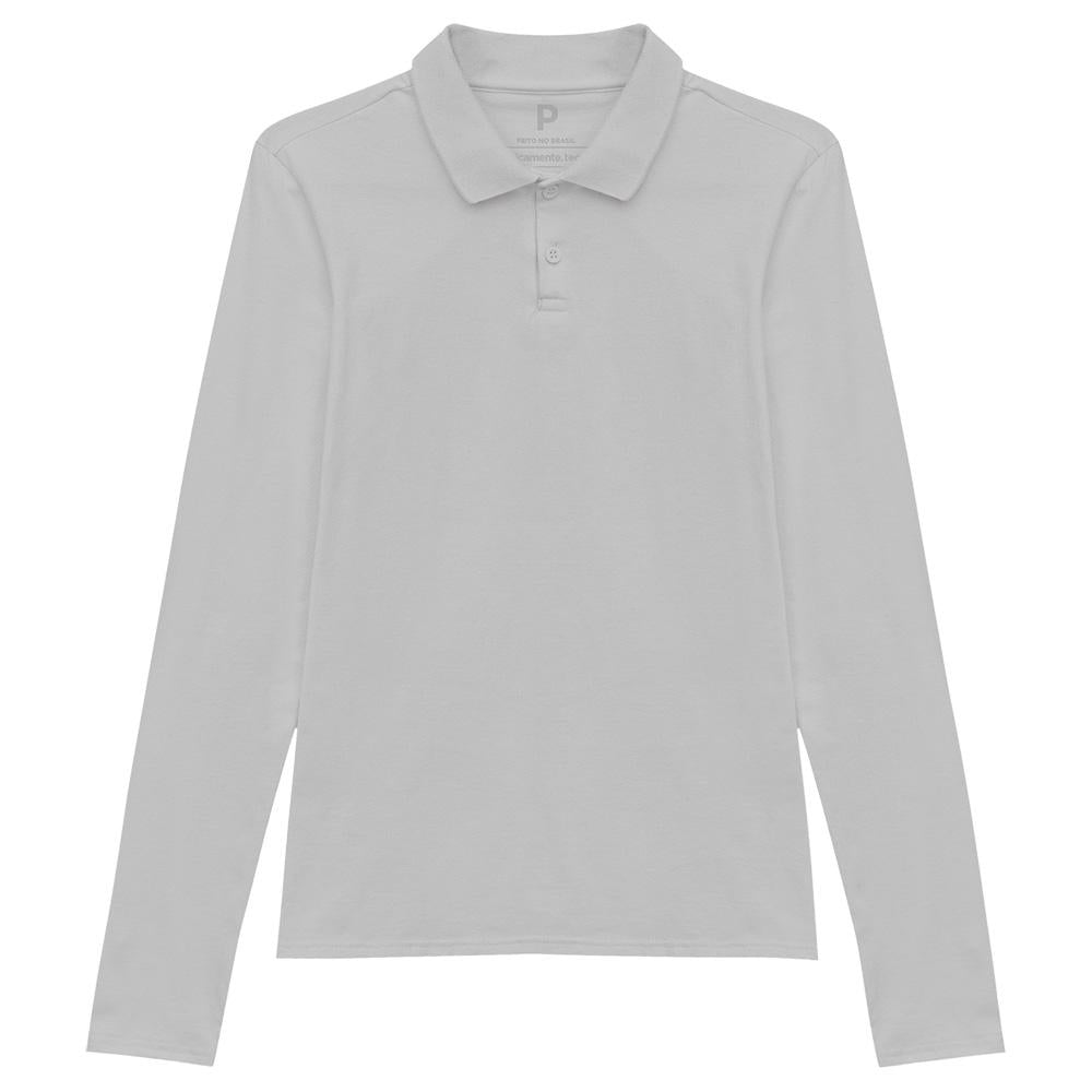 Camisa Polo Manga Longa Feminina - Cinza Areia