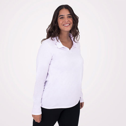 Camisa Polo Manga Longa Plus Feminina - Branco