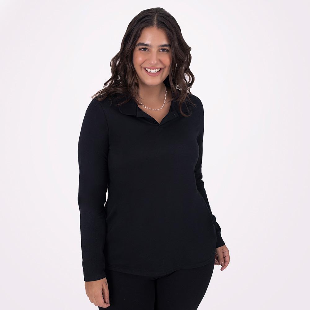 Camisa Polo Manga Longa Plus Feminina - Preto