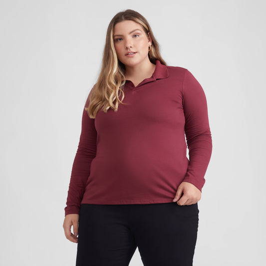 Camisa Polo Manga Longa Plus Feminina - Vermelho Vinho