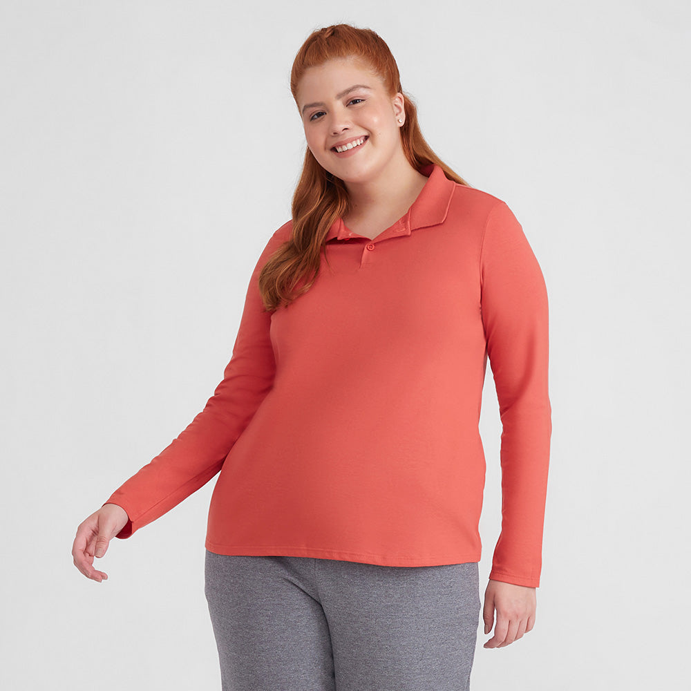 Camisa Polo Manga Longa Plus Feminina - Laranja Coral