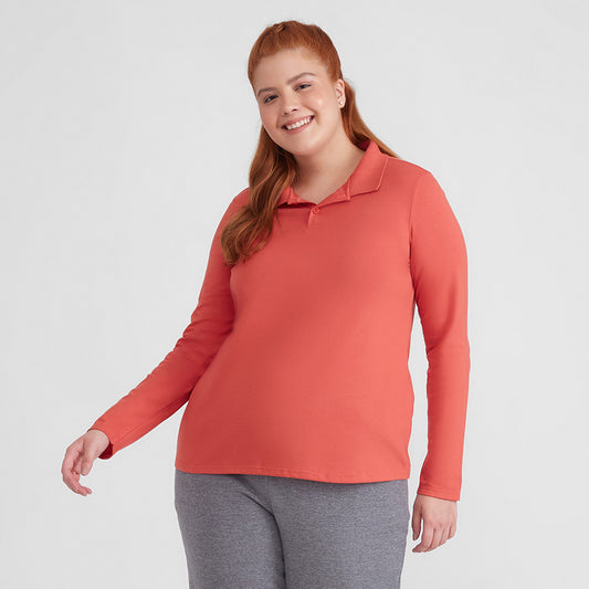 Camisa Polo Manga Longa Plus Feminina - Laranja Coral
