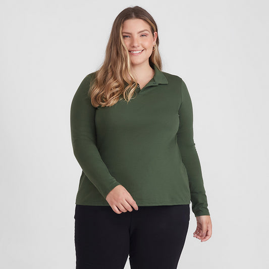 Camisa Polo Manga Longa Plus Feminina - Verde Selva