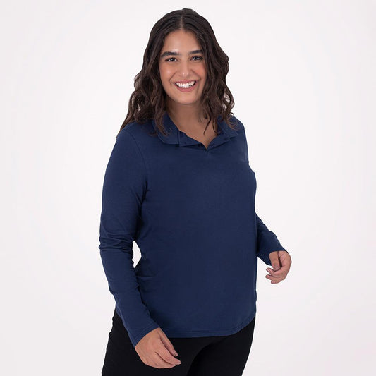 Camisa Polo Manga Longa Plus Feminina - Azul Marinho