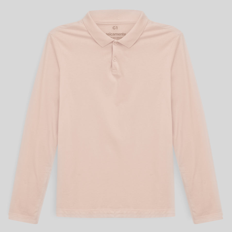 Camisa Polo Manga Longa Plus Size Feminina - Rosa Pastel