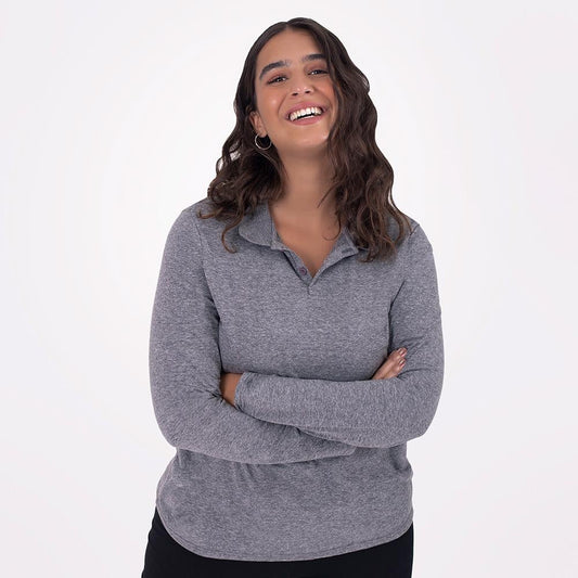 Camisa Polo Manga Longa Plus Feminina - Mescla Escuro