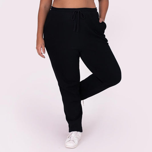 Calça Reta Moletom Flanelado Plus Feminina - Preto