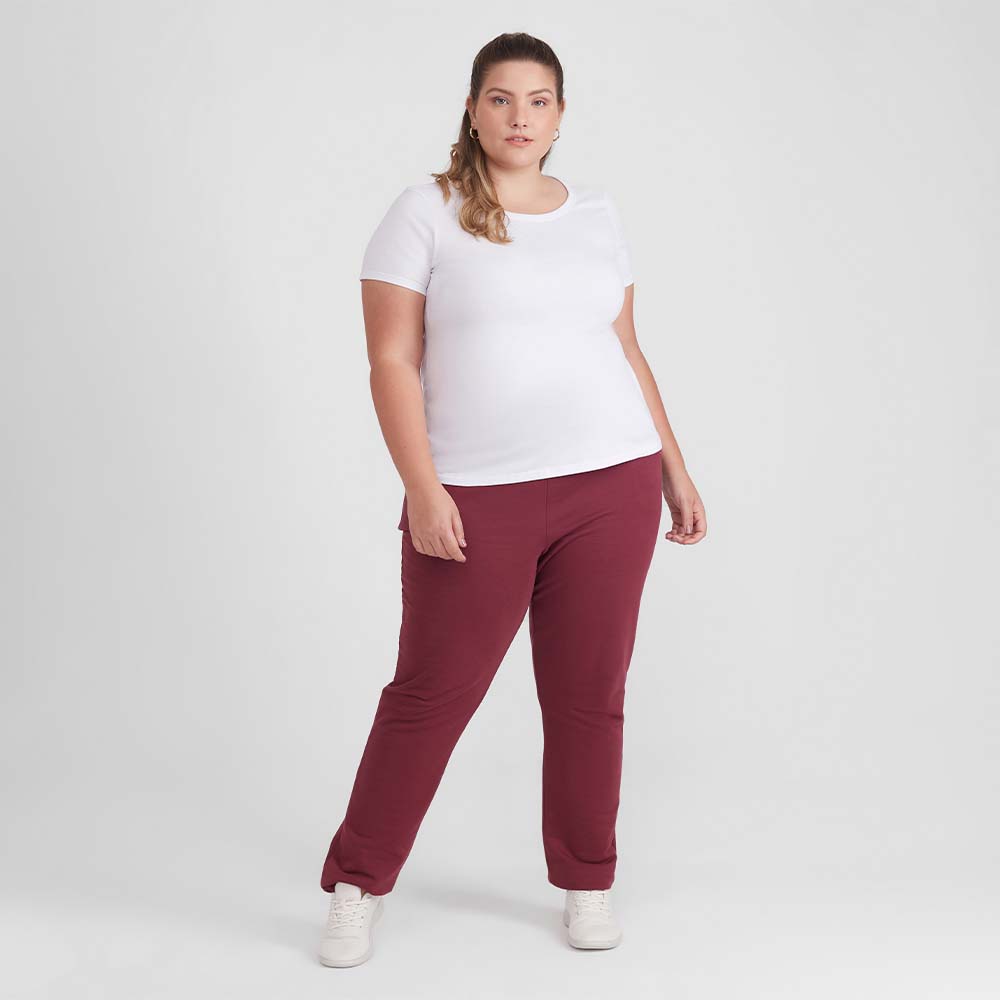 Calça Reta Moletom Flanelado Plus Feminina - Vermelho Vinho