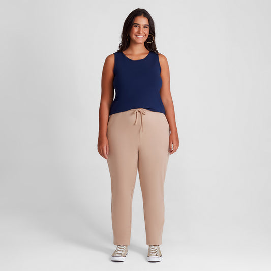Calça Reta Moletom Flanelado Plus Feminina - Ocre
