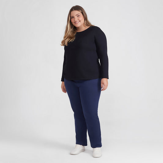 Calça Reta Moletom Flanelado Plus Feminina - Azul Marinho